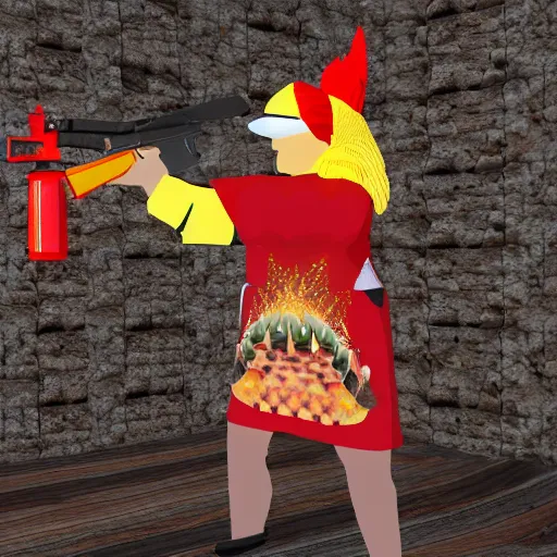 Prompt: chicken dress like rambi fire with a shotgun ultrarealistic