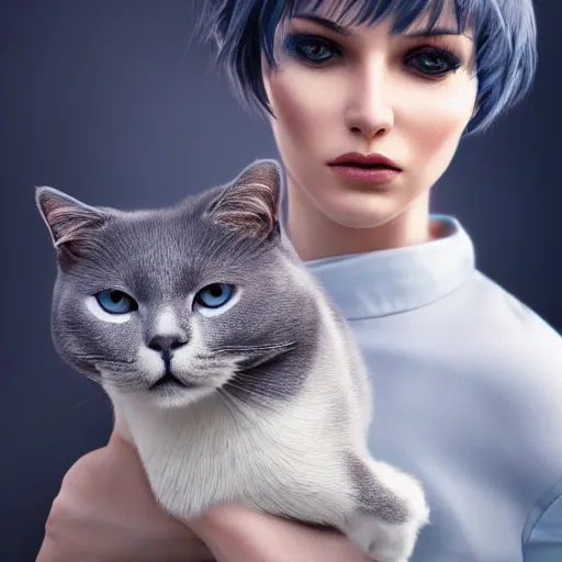 Prompt: A beautiful woman with blue short hair with bangs holding a grey and white cat, full body by Cedric Peyravernay, highly detailed, excellent composition, dramatic lighting, realistic 4k