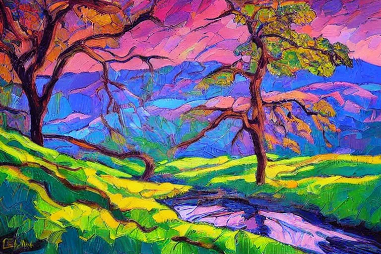 Prompt: masterpiece painting of oak trees on a hillside overlooking a creek, dramatic lighting, by erin hanson