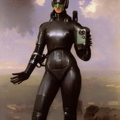Prompt: painting of a cyberpunk android by william bouguereau, fully clothed in futuristic armor, high resolution