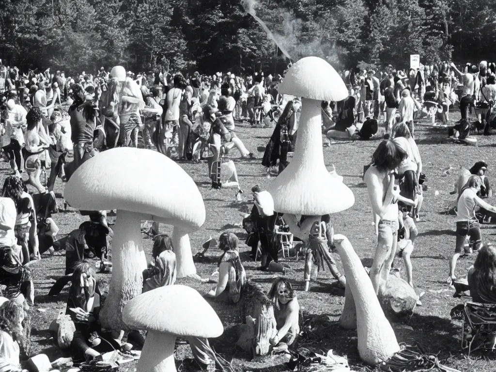 Prompt: 70s photo of giant mushroom smoking a joint at trippy psychedelic hippy festival Woodstock