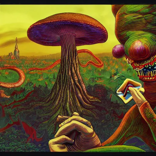 Image similar to A centered chest up portrait of a psychedelic demonic anthropomorphic snake smoking a hand-rolled cigarette smoking heavily , magic mushroom village in background , art by tokyo movie shinsha , award winning. superb resolution. in the art style of junji Ito and greg rutkowski . Detailed Mushroom city in background. Hyper realistic anime. Perfect art. Dalle2