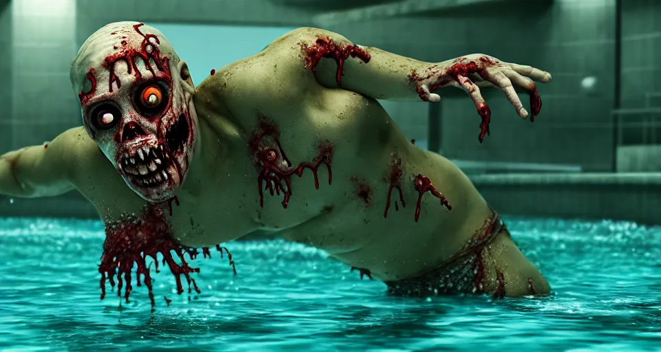 Image similar to highly detailed full body portrait of a zombie swimming underwater in a zombie - apocalypse, in a swimming pool, style of plants vs zombies, octane render