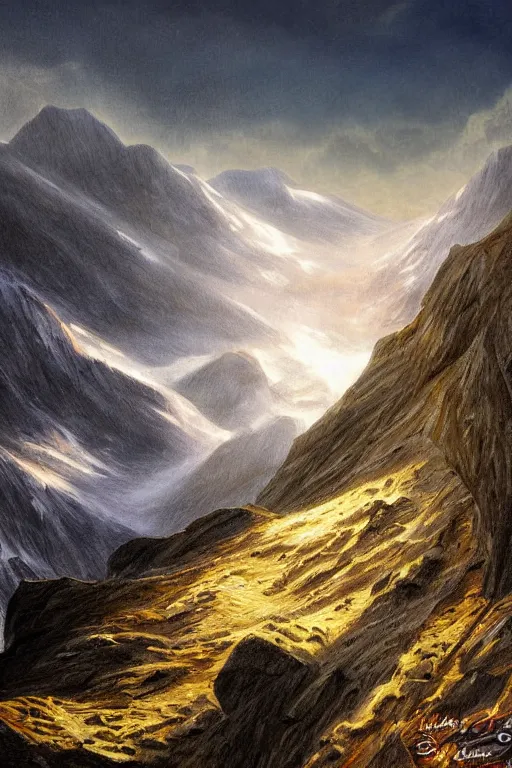 Image similar to Crib Goch ridge rays epic art cinematic climbing digital painting