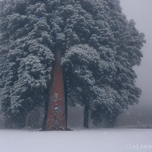 Image similar to a large, monolithic taiga tree in the artic. snowing, grainy, overcast sky.