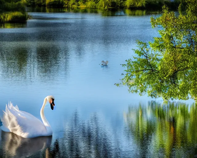 Image similar to a 4 k photorealistic photo of a swan swimming in a river, ripples, reflections. shady, trees bent over river.