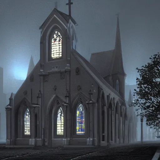 Image similar to victorian church in the middle of the city, dark, misty, at night, 8 k, detailed, concept art, trending on artstation