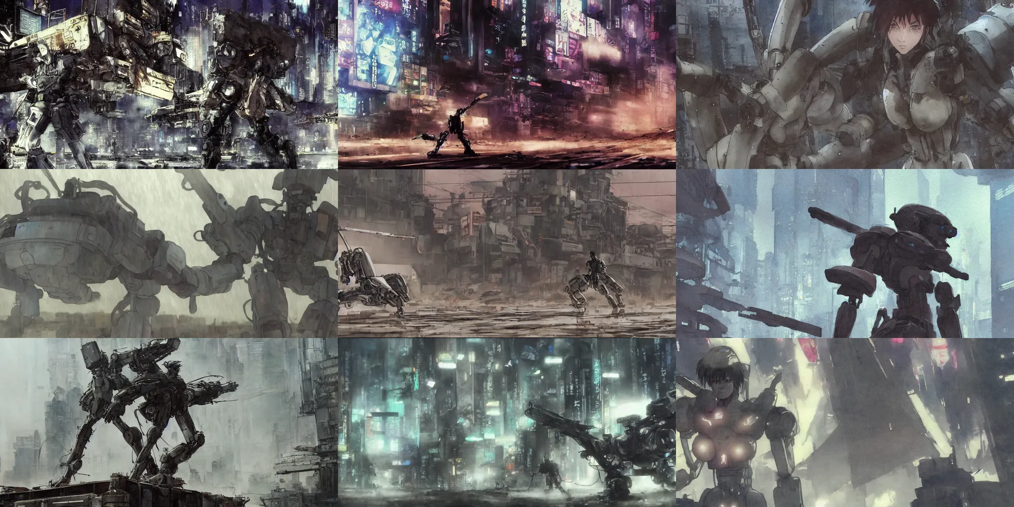 Prompt: incredible screenshot, simple watercolor, masamune shirow ghost in the shell movie scene close up broken Kusanagi tank battle, brown mud, dust, titanic tank with legs, robot arm, ripped to shreds, angry expression, chase ,light rain, rebar ,debris, war-torn, neon advertisements, , hd, 4k, remaster, dynamic camera angle, deep 3 point perspective, fish eye, dynamic scene