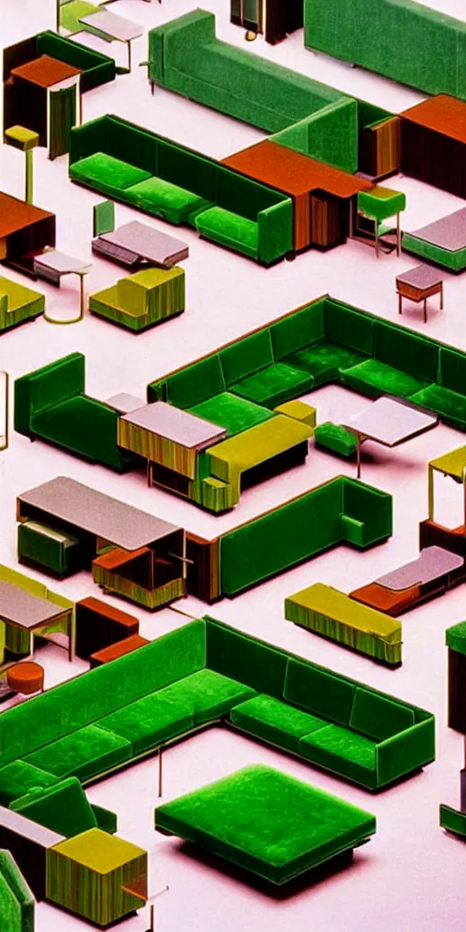 Image similar to huge sprawling gargantuan angular dimension of infinite indoor landscape 7 0 s green velvet and wood with metal office furniture. surrealism, mallsoft, vaporwave. muted colours, 7 0 s office furniture catalogue, shot from above, endless, neverending epic scale by escher and ricardo bofill