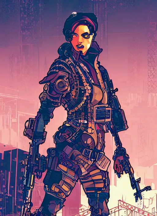 Prompt: sophia. cyberpunk mercenary with scenic background. portrait illustration, pop art, splash painting, art by ashley wood, alphonse mucha, laurie greasley and josan gonzales. cinematic. beautiful lighting.