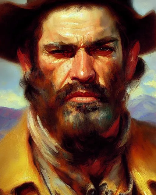 Prompt: portrait of a rugged bandit, western oil painting, thomas moran, artstation