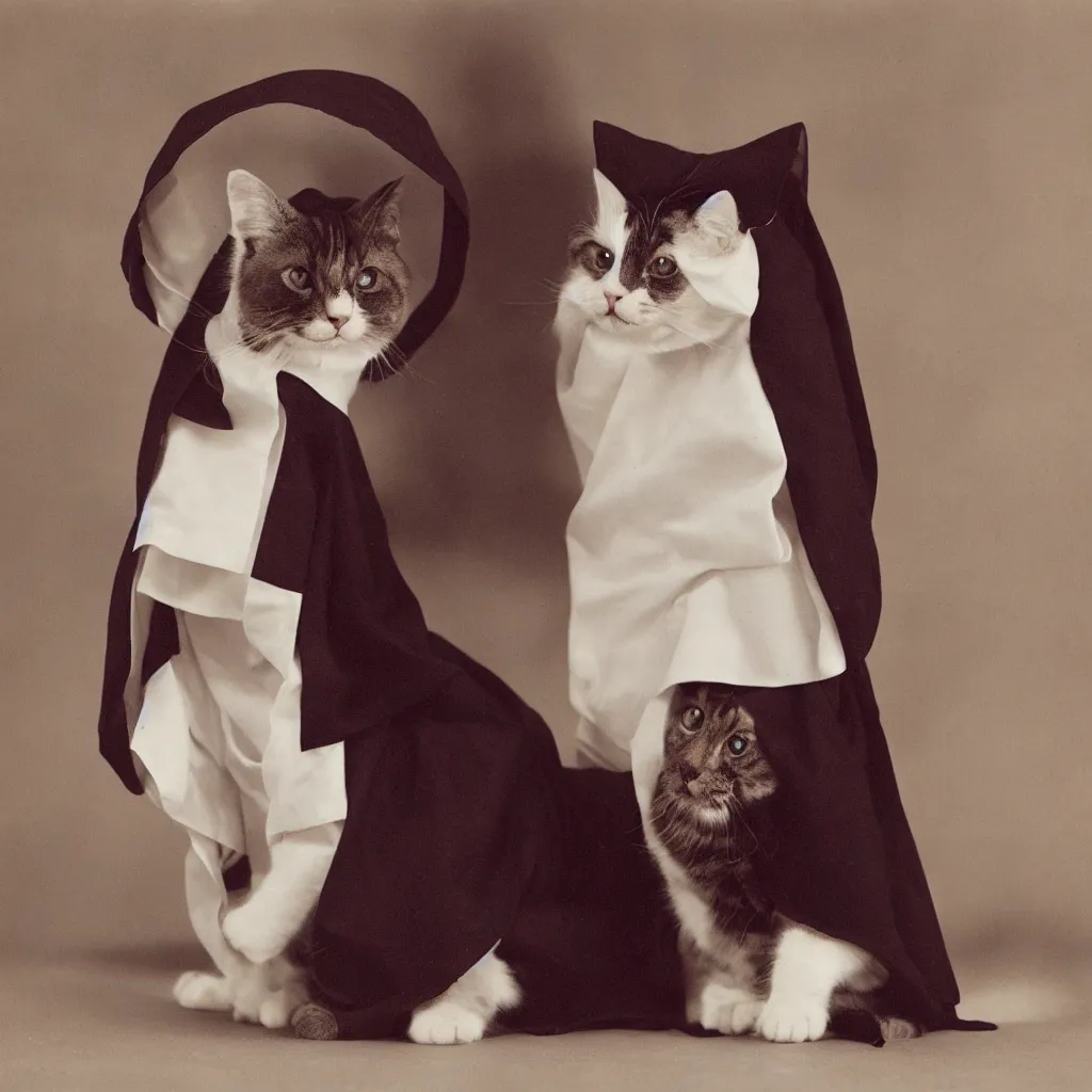 Image similar to color studio photo of a cute cat dressed like a nun