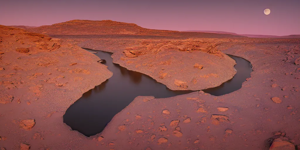 Image similar to a ground - level view of a river bend running through a canyon surrounded by desert mountains at sunset on mars, purple sky, two moons, planet mars, moab, utah, a tilt shift photo by frederic church, trending on unsplash, hudson river school, photo taken with provia, national geographic photo