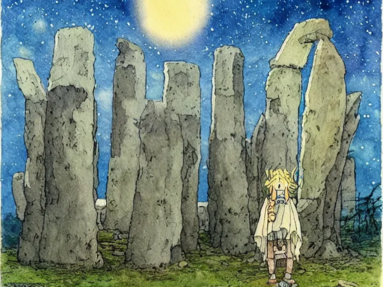 Image similar to a simple watercolor studio ghibli movie still fantasy concept art of a giant wizard playing in a tiny stonehenge. it is a misty starry night. by rebecca guay, michael kaluta, charles vess