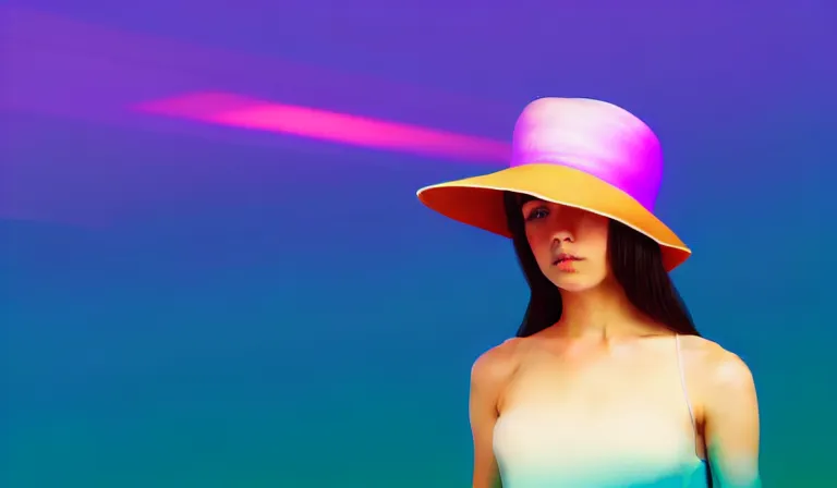 Prompt: a beautiful and immaculate teenager with a hat. vaporwave ombre rendering. outrun style. trending on artstation. recommended for you behance. by chris moore. by edward hopper. beeple colors. metropolis filmic. gotham city.