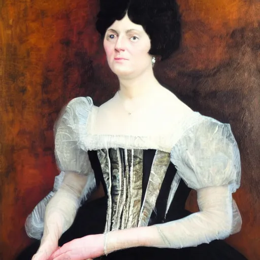 Image similar to portrait of a victorian lady in a black velvet dress, oil, large strokes of paint