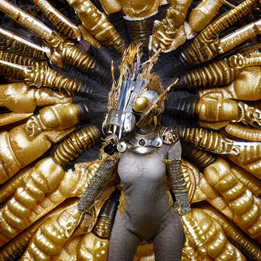 Prompt: full size golden armor, space suit, ornate, made of sniny latex, feathers, crystals, and smoke by giger and irene van herpen + cyberpunk + steampunk + bees, insects, honeycombs + sharpened + extremely detailed + harsh gallery lighting + cinematic
