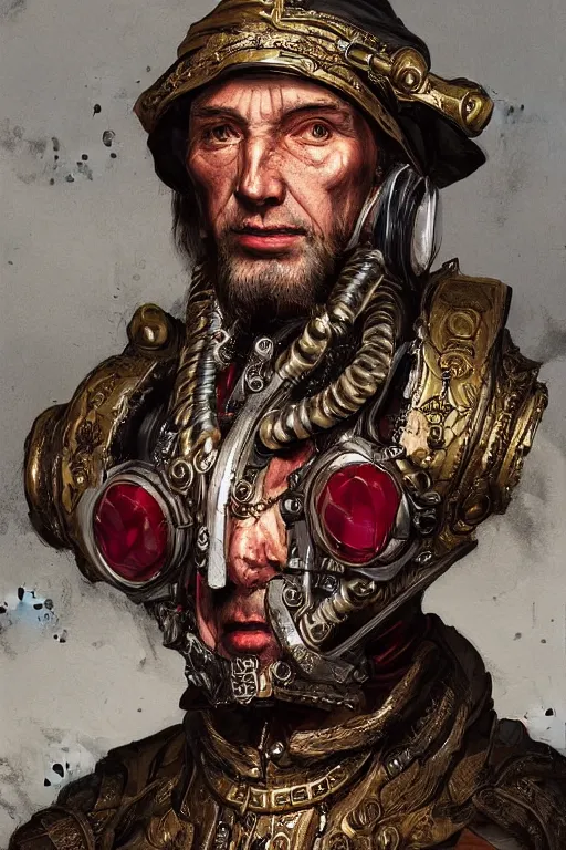 Image similar to portrait, headshot, digital painting, of a old 17th century cyborg merchant, ruby jewels, baroque, ornate clothing, realistic, hyperdetailed, chiaroscuro, concept art, art by Franz Hals