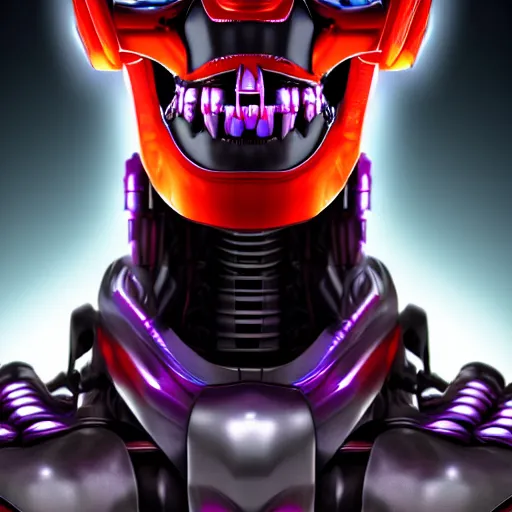 Prompt: portrait of a menacing evil villain robot, glowing dark red eyes, metal teeth, purple tubes, striking, Terminator, Ultron, sci-fi, facial features, skull shape, C-3PO