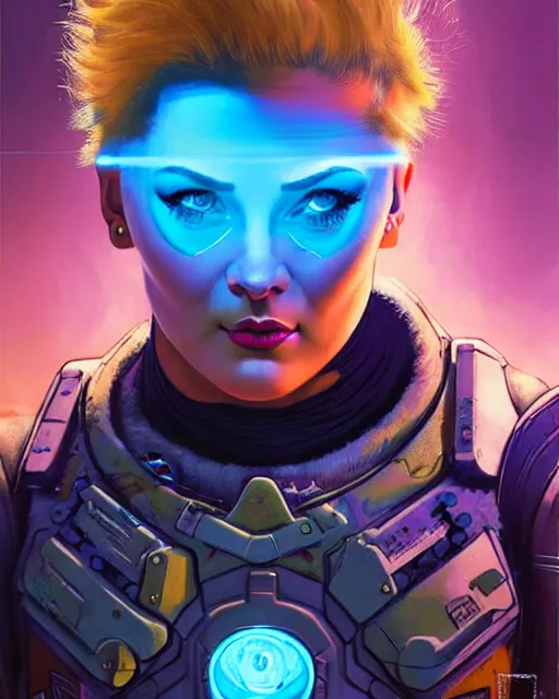 Image similar to zarya from overwatch, crazy look in his eyes, character portrait, portrait, close up, concept art, intricate details, highly detailed, vintage sci - fi poster, retro future, in the style of chris foss, rodger dean, moebius, michael whelan, and gustave dore