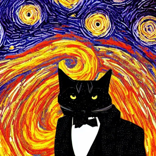 Image similar to d & d style full body portrait, tabaxi male in a tuxedo, in the style of starry night.