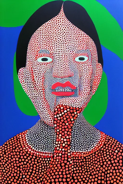 Prompt: a portrait a very ordinary person, by Yayoi Kusama, oil painting, pattern, anatomically correct, beautiful perfect face, large brushstrokes, sharp focus, Highly Detailed