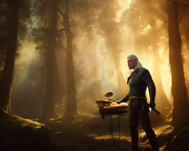 Image similar to 5 5 mm portrait photo of geralt of rivia serving shawarma, in a magical forest. dark atmosphere. art by greg rutkowski. highly detailed 8 k. intricate. lifelike. soft light. nikon d 8 5 0.