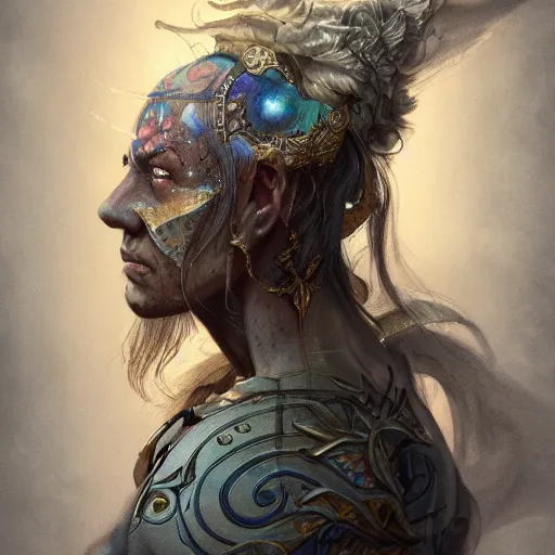 Image similar to a WLOP 3d render of Very very very very highly detailed beautiful mystic portrait of a phantom warrior with galaxy, tattoos by Anton Pieck, intricate, extremely detailed, digital painting, artstation, concept art, smooth, sharp focus, illustration, intimidating lighting, incredible art,