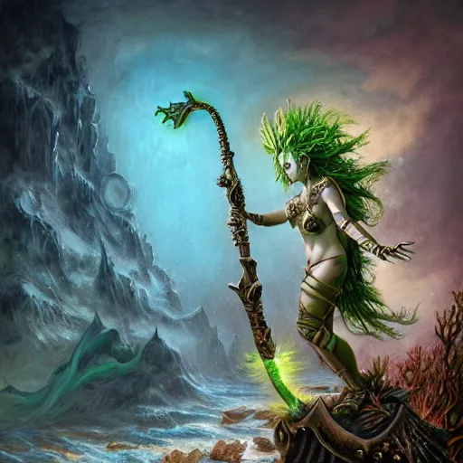 Prompt: a beautiful detailed 3d matte portrait of a male triton with green hair, wearing studded leather armor, wielding a staff with a glowing red crystal, male, dungeons and dragons character, standing beside the ocean, by ellen jewett, by tomasz alen kopera, by Justin Gerard, ominous, magical realism, texture, intricate, skull, skeleton, whirling smoke, alchemist bottles, radiant colors, fantasy, volumetric lighting, high details