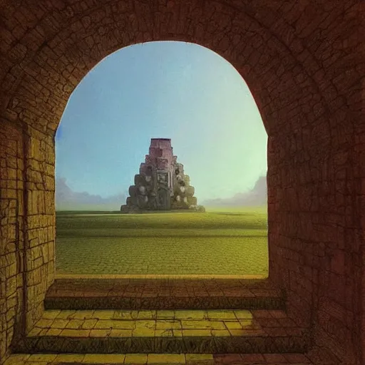 Image similar to “looking out at the Temple of Time from LOZ: OOT hyperrealism in the style of Zdzisław Beksiński. Trending on artstation”