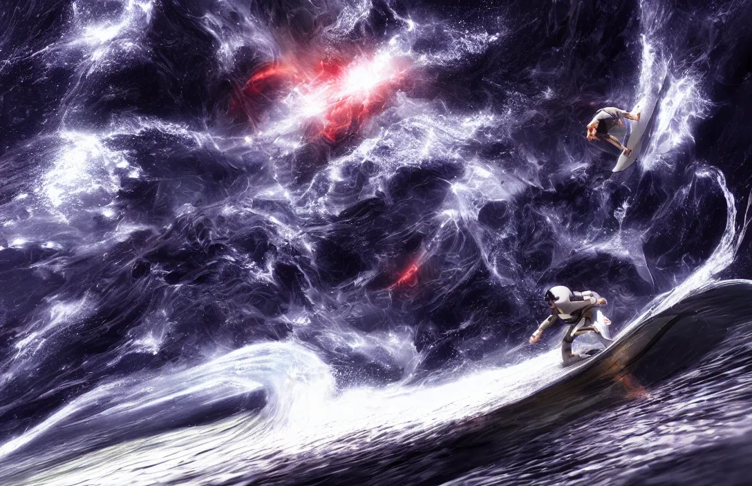 Image similar to surfing the waves of space by ben wanat ; cosmic, insane details, photography, unreal engine ;