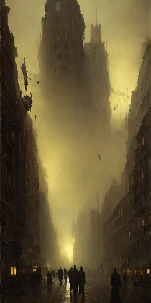 Image similar to a street of a city in 1 9 4 0 with yellow light on from the windows during the night, a men stand up under a light, mystical red fog, oil on canvas, art by andreas achenbach, clemens ascher, tom bagshaw and sabbas apterus,