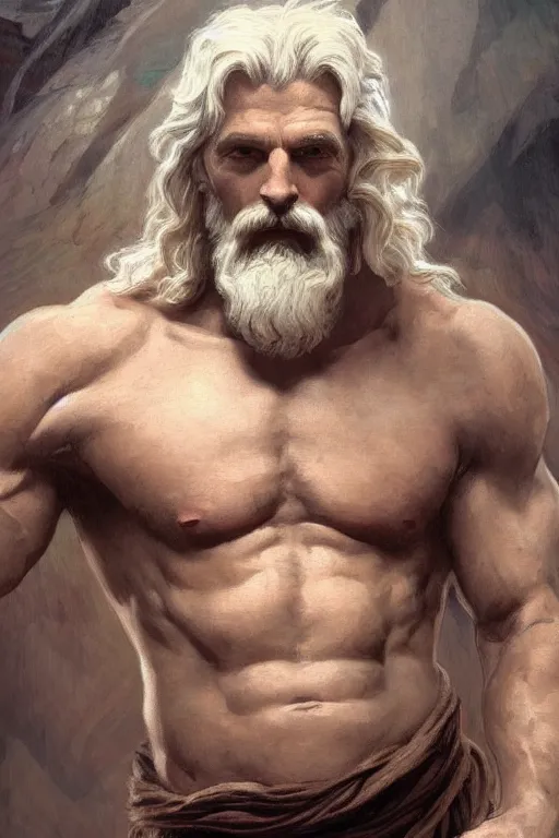 Prompt: painted portrait of rugged zeus, god of thunder, greek god, white hair, masculine, mature, handsome, upper body, clean lines, muscular, hairy torso, fantasy, intricate, elegant, highly detailed, digital painting, artstation, concept art, smooth, sharp focus, illustration, art by gaston bussiere and alphonse mucha