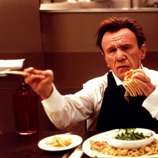 Prompt: Harvey Keitel eating pasta in American Psycho (1999)