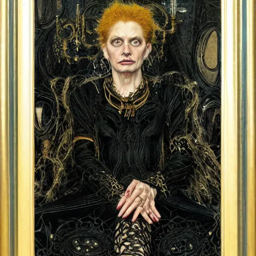 Prompt: portrait of a witch, dressed in black clothes embroidered with gold, by donato giancola and berthold woltze.