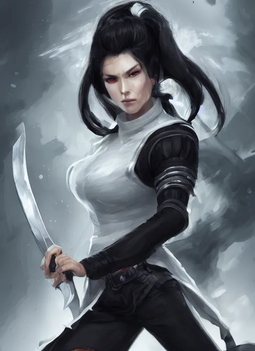 Image similar to a highly detailed illustration of fierce messy ponytail black haired one armed delinquent woman wearing uniform cap wearing long white coat cape, dramatic wielding sword pose, muscular, intricate, elegant, highly detailed, centered, digital painting, artstation, concept art, smooth, sharp focus, league of legends concept art, wlop.