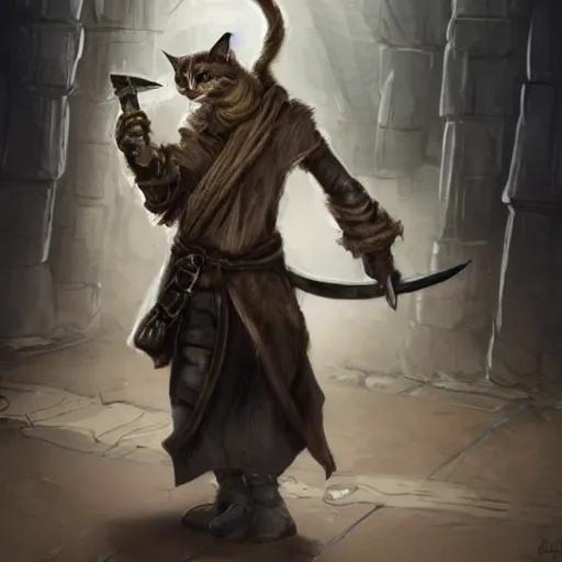 Image similar to humanoid homeless cat wielding a sword and wearing rags, d & d, fantasy, concept art, trending on artstation