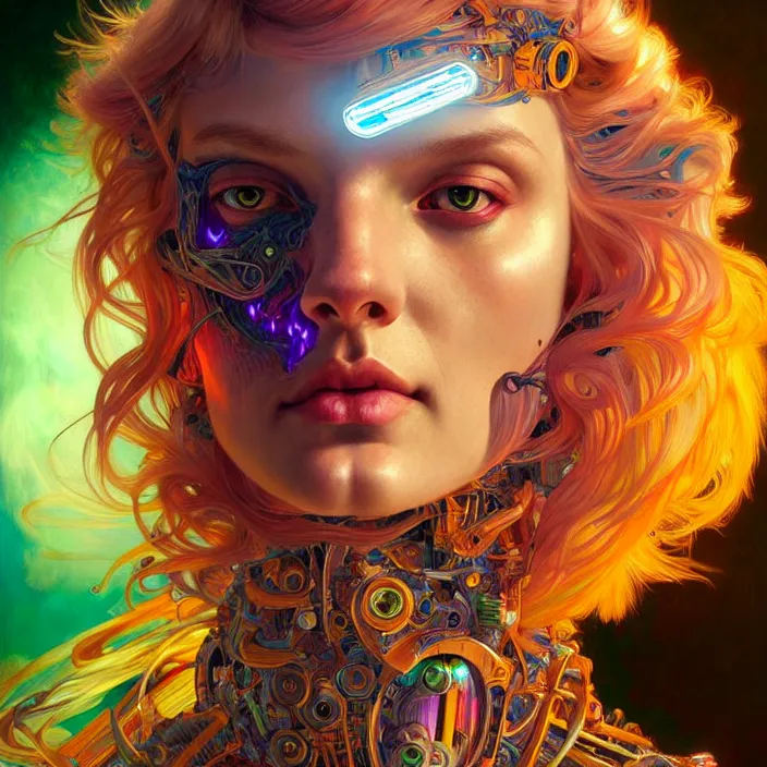 Image similar to bright psychedelic hairy cyborg, diffuse lighting, fantasy, intricate, elegant, highly detailed, lifelike, photorealistic, digital painting, artstation, illustration, concept art, smooth, sharp focus, art by John Collier and Albert Aublet and Krenz Cushart and Artem Demura and Alphonse Mucha