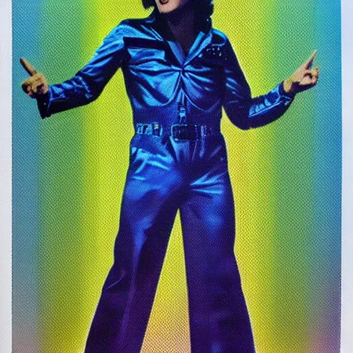 Prompt: 1 9 7 5 elvis presley performing in a jumpsuit, art of alessandro pautasso, rainbow geometric, detailed, beautiful