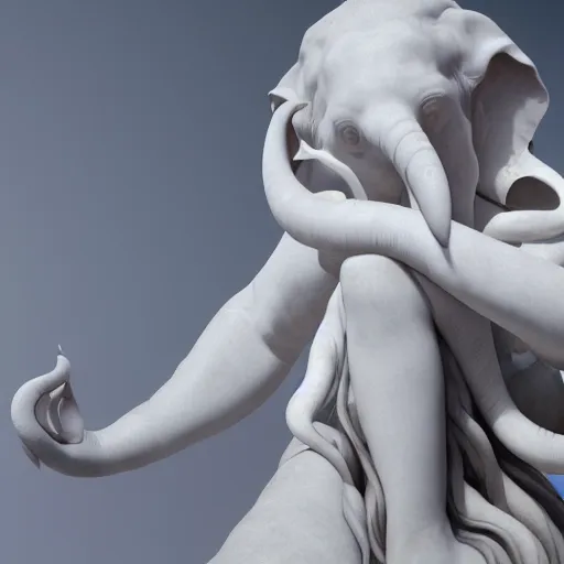 Image similar to marble statue by bernini, woman with ears shaped like an elephant's trunk, hair shaped like the feet of an octopus, dramatic lighting, octane render, 8 k