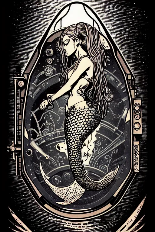 Image similar to steampunk cryo chamber containing a mermaid, high details, intricately detailed, by vincent di fate, inking, 3 color screen print, masterpiece, trending on artstation,, sharp, details, hyper - detailed, hd, 4 k, 8 k