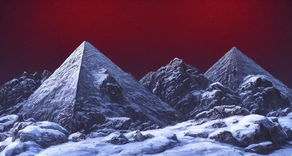 Image similar to snowy mountain, by eugene von guerard, ivan shishkin, black lovecraftian obsidian pyramid!! on a snowy mountaintop, night, red lightning!!, dramatic lighting, concept art, trending on artstation, 8 k