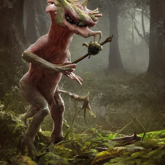 Prompt: a weird looking creature holding a stick in a forest, concept art by Wendy Froud, cgsociety, fantasy art, daz3d, concept art, character