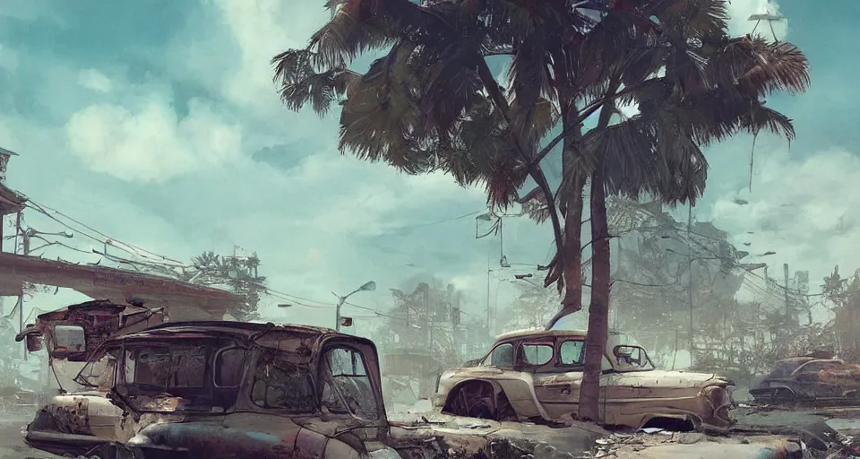 Prompt: fallout 5, tropical coastal city in real life, desolate, dilapidated, small settlements, abandoned retro futuristic vintage car and truck, buses, trees run rampant, illustration, perfectly shaded, oft painting, art by krenz cushart and wenjun lin