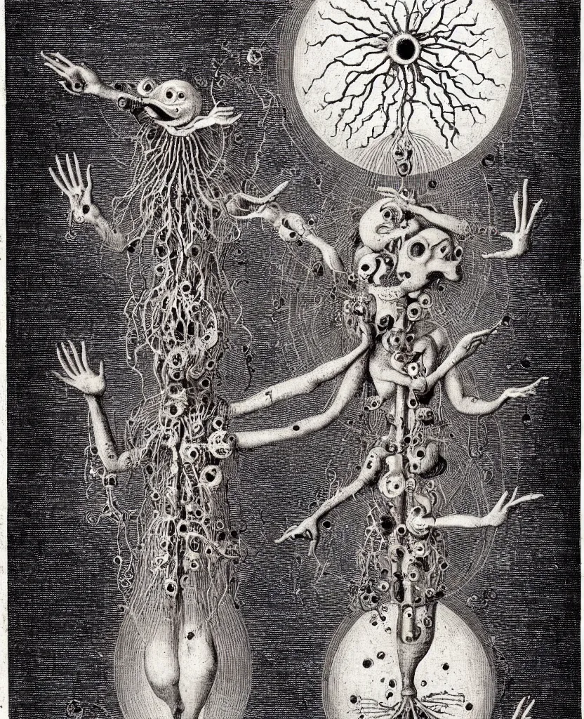 Image similar to whimsical freaky creature sings a unique canto about'as above so below'being ignited by the spirit of haeckel and robert fludd, breakthrough is iminent, glory be to the magic within