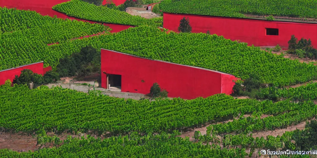 Image similar to A ink painting winery with red walls and a green roof. The vineyards are sprawling and green, with a river winding through them. In the distance, there are mountains. by zhang zeduan, mi fu, painting on silk, immaculate scale, hyper-realistic, Unreal Engine, Octane Render, digital art, trending on Artstation, 8k, detailed, atmospheric, immaculate