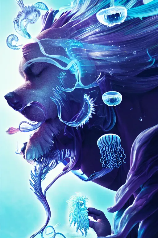 Prompt: 3 d dog as god close - up profile portrait with crown, betta fish, jellyfish phoenix, bio luminescent, flowing hair, muscular, partial anatomy, caesar victorious, plasma, ice, water, wind, creature, artwork by tooth wu and wlop and beeple and greg rutkowski