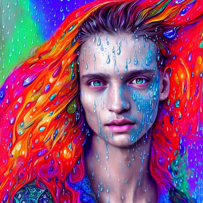 Image similar to bright psychedelic portrait with rain on face and wet hair, wings, smiling, diffuse lighting, fantasy, intricate, elegant, highly detailed, lifelike, photorealistic, digital painting, artstation, illustration, concept art, smooth, sharp focus, art by John Collier and Albert Aublet and Krenz Cushart and Artem Demura and Alphonse Mucha