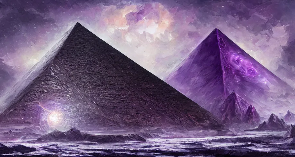 Image similar to black lovecraftian eldritch!! obsidian pyramid!! on a snowy island surrounded by still calm seas, with purple cosmic space in the background by eugene von guerard, ivan shishkin, cosmic space, concept art, trending on artstation, 8 k