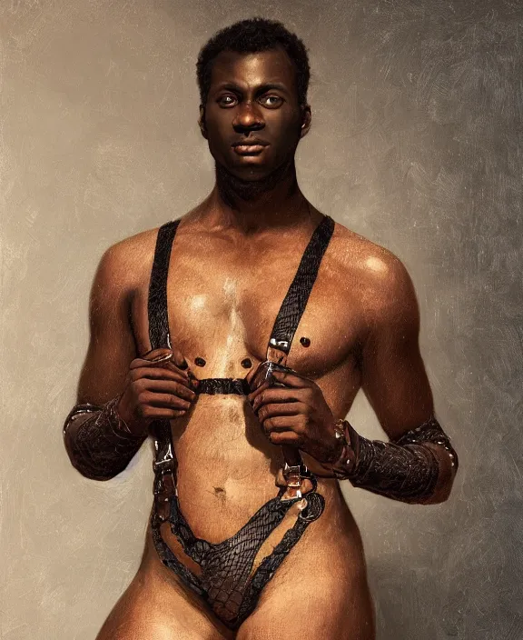 Image similar to a dark skinned man wearing an intricate and detailed inticate suspenders set, wrapped in a python, honey birdette, realistic renaissance portrait, highly detailed, digital painting, artstation, concept art, smooth, sharp focus, cinematic lighting, art by john collier, artgerm and greg rutkowski and alphonse mucha and jacques louis david